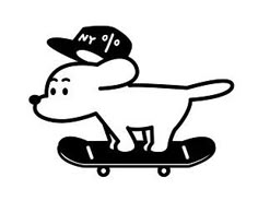 a black and white drawing of a dog on a skateboard wearing a baseball cap