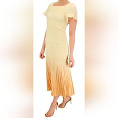 Sz M Nwt Initially Priced At $395 High End Designer Dress Fitted Yellow Pleated Midi Dress, Yellow Pleated Dress For Daywear, Spring Yellow Pleated Midi Dress, Yellow Pleated Midi Dress For Spring, Elegant Yellow Pleated Midi Dress, Coco Dress, Orange Midi Dress, Embellished Midi Dress, Cat Dresses