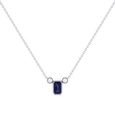 Our Emerald Cut Sapphire & Diamond Birthstone Necklace gives your style a refreshing edge. Crafted in 14K Gold  for the refined modern woman. Birthstone Necklace for Women Metal: 14K Gold (White / Yellow) Gem Type: Emerald Cut Sapphire Gemstone (0.39 CTTW) Diamonds: Natural Round Shape (0.04 CTTW) Diamond Color/Clarity: GH/SI1 Setting: Bezel with Milgrain Chain: 18 inch with jump rings at 16 & 17 inches. Elegant Sterling Silver Necklace With Stones, Elegant Sterling Silver Necklaces With Stones, Elegant Formal Birthstone Necklace With 17 Jewels, Timeless Sterling Silver Diamond Necklace With Gemstone, Elegant Sapphire Jewelry With Gemstone Accents, Luxury Sapphire Necklace With Gemstone Accents, Elegant Sapphire Jewelry With Bezel Setting, Elegant Polished Birthstone Necklace, Fine Jewelry Sapphire Necklace With Polished Finish