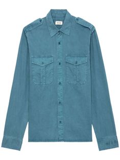 teal blue cotton twill weave straight-point collar front button fastening epaulettes long sleeves buttoned cuffs two chest flap pockets straight hem Weave Straight, City Shorts, Twill Weave, Balenciaga Triple S, Custom Watch, Short Suit, Summer Beach Wear, Zadig And Voltaire, Espadrille Shoes