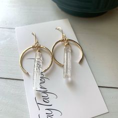 Excited to share this item from my #etsy shop: Quartz Crystal Hoop Earring, Gold Filled Boho Earrings, Dangle Drop Earrings, Crescent Moon Earrings for Women, Modern Elegant Earrings #gold #circle #women #earwire #bohohippie #earlobe #quartz #starscelestial #silver Boho Hoop Earrings, Bijoux Fil Aluminium, Crescent Moon Earrings, Crystal Hoop Earrings, Diy Wire Jewelry, Earring Gold, Moon Earrings, Wire Earrings, Quartz Points