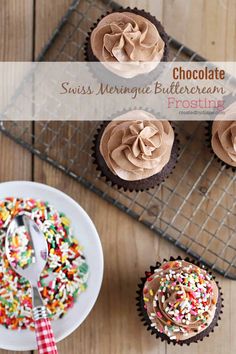 chocolate cupcakes with frosting and sprinkles on a wire rack