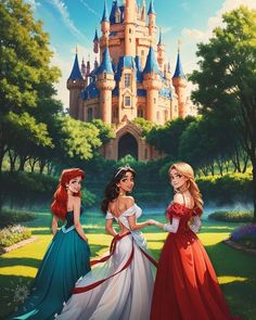 three princesses standing in front of a castle with their arms around each other's waist