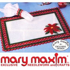 an advertisement for mary maximum's needlework and crafts featuring poinsettis