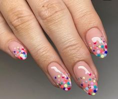 Funky Nail Tips, Gel Nail Designs Dots, Dot Tip Nails, Toenail Colours 2023, Simple Rainbow Nail Designs, Cute Round Nails Designs, Gel X Nail Designs Birthday, Confetti Nails Gel, Passionfruit Nails