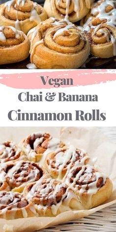 vegan chai and banana cinnamon rolls on a plate with the title overlay