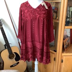 Johnny Was Blouse, Size Xs, Medium, Burgundy Color Burgundy V-neck Blouse For Summer, Blue Embroidered Top, Boho Tunic Tops, Ruffle Sleeve Blouse, Boho Tunics, Women Tunic Tops, Sleeveless Tunic, Tunic Styles, Long Sleeve Tunic