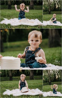 a little boy sitting on top of a blanket in front of a cake and eating it