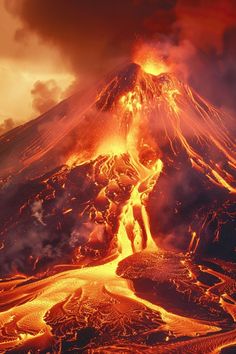 an active volcano erupts lava into the sky