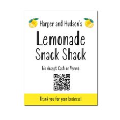 a lemonade snack shack sign with qr code on the front and yellow border