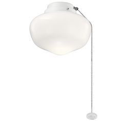 a white ceiling light with a chain hanging from it's side and a round glass shade