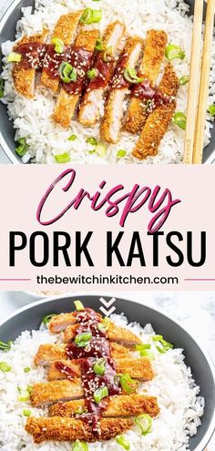 crispy pork kasu on top of white rice with chopsticks