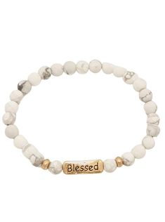 White natural stone beaded stretch bracelet with gold tone blessed center bead. Measurements: Stretch *All Jewelry is Final Sale* Versace Fashion, Womens Shoes High Heels, Beaded Stretch Bracelet, In The End, Sterling Silver Bead, Womens High Heels, Stretch Bracelet, Stretch Bracelets, Silver Beads