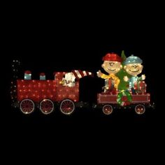 an animated christmas train with two people riding on it's side and one person standing in the front