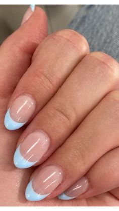 French Tip Sky Blue 1.5 Inch, Shellac With Tips, Pastel Blue French Tips, Blue Tip Gel Nails, Light Blue Nail French Tip, Short Almond Acrylic Nails Design Blue, Simple Nail Ideas French Tips, Cute Nails Blue French Tip, Cute Nails That Go With Everything