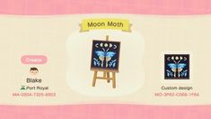 an animal crossing game screen with the moon moth logo on it's left side