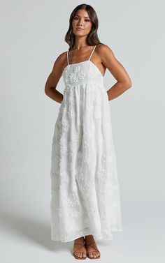 Claya Maxi Dress - Sleeveless Straight Neckline Floral Detail Dress in White Embroidery | Showpo USA White Maxi Dress With Cowboy Boots, White Eyelet Maxi Dress, Long White Sundress, White Maxi Dress Casual, White Sun Dresses, Classy Sundress, Sundress Wedding Dress, White Maxi Sundress, Maxi White Dress