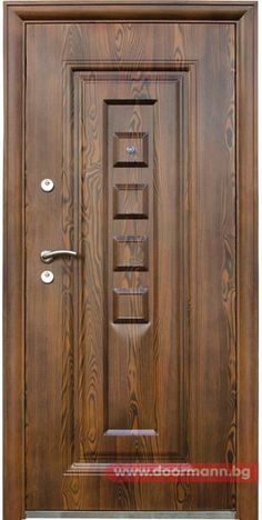 a wooden door with metal handles and side panels