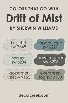 Colors That Go With SW 9166 Drift of Mist Sw Trim Paint Colors, Sw Drift Of Mist, Drift Of Mist Sherwin Williams, Antique White Sherwin Williams, Best Sherwin Williams Paint, Gossamer Veil