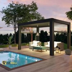 an outdoor living area next to a swimming pool