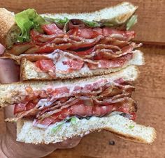 The photo shows a layered BLT sandwich with special sauce. The brightly colored banner displays the name of the recipe: Bacon Lettuce and Tomato with Special Sauce. Tipsy Housewife Recipes, Lettuce Tomato Sandwich, Housewife Recipes, Sliders Sandwiches, Sandwiches Lunch, Tomato Powder, Tomato Pasta Salad