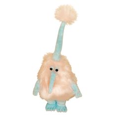 a small stuffed animal with blue and white feathers