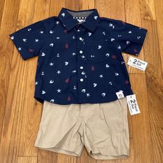 Free Planet 2 Piece Set. Nautical Button Down Top And Khaki Shorts. 24 Months Casual Blue Sets With Buttons, Casual Blue Buttoned Sets, Casual Playtime Sets With Buttons, Casual Navy Playwear Sets, Navy Casual Playwear Sets, Tan Outfit, Dinosaur Outfit, Blue Bodysuit, Yellow Tees