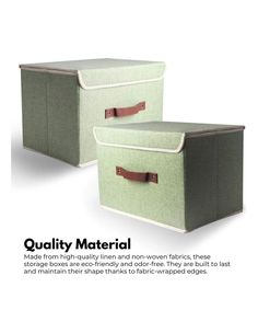 two green storage boxes with brown handles