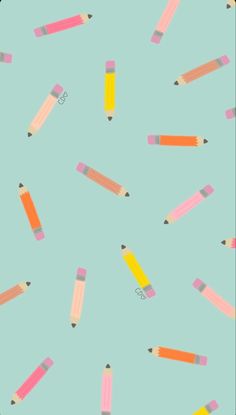 colorful pencils and crayons are scattered on a light blue background in this seamless pattern