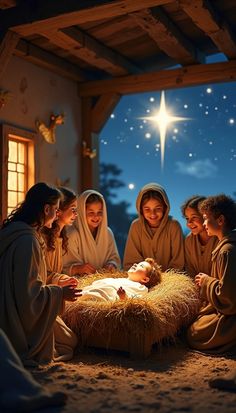 three women and one man are sitting in front of a nativity scene with the baby jesus