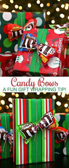 candy bows are wrapped in green and red striped wrapping paper with christmas lights behind them