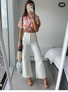 Whatemwore Summer, Outfit Semiformal Verano, White Zara Bottoms For Spring, White Zara Wide Leg Pants For Spring, Zara White Wide Leg Pants For Spring, Zara White Spring Pants, Zara Wide-leg Spring Pants, Blouses With Jeans, Pantalon Blanco Outfit