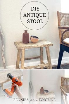 an old stool is transformed into a diy antique stool