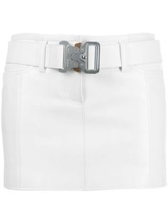 white calf leather mid-rise belted waist two side inset pockets two rear patch pockets straight hem thigh-length Trendy Fitted Bottoms With Belt Detail, Fitted Leather Mini Skirt With Pockets, Trendy Fitted Bottoms With Belt, Workwear Bottoms With Removable Belt, Fitted Short Leather Bottoms, Fitted Denim Mini Skirt With Belt Loops, Fitted Bottoms With Removable Belt For Work, Belted Fitted Mini Skirt, Modern Leather Mini Skirt