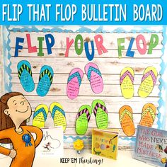 a bulletin board with flip flops on it and an image of a person standing next to them