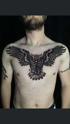 a man with an owl tattoo on his chest