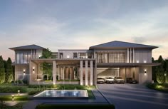 an artist's rendering of a luxury home in the evening with cars parked outside