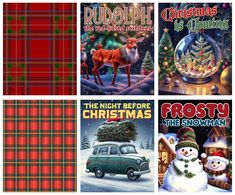 four different christmas cards with animals, snowman, and trees in plaid patterns on them