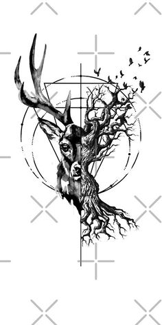 a drawing of a deer with trees and birds on it's head in the center