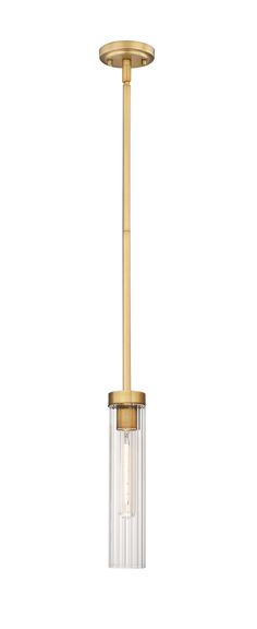 a small light fixture with a clear glass tube on the bottom and a gold finish