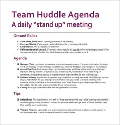 the team huddle agenda is shown in purple and white, with text on it