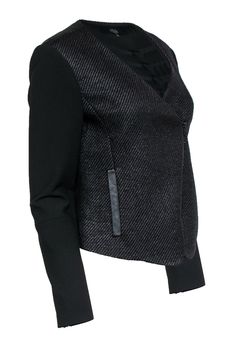 Grab this edgy jacket for a touch of rebellion from Tibi! Perfect for the office, the weekend and beyond, the is the perfect piece to wear with a black jeans, slacks or your favorite cocktail dress. Size 6 48% Polyester, 47% Viscose, 5% Elastane Front zipper closure Moto-style with deep neckline Woven texture Exterior pockets with leather trim Waist 36" Sleeve 24.5" Shoulder to hem 23" Edgy Jacket, Sheath Dresses, Woven Jacket, Moto Style, Buy Shoes Online, Woven Texture, Black Textures, City Style, Zip Up