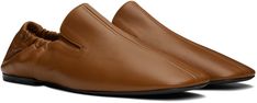 Buffed leather loafers in tan. · Elasticized gussets at vamp · Elasticized collar · Logo stamp at padded footbed · Buffed leather lining · Rubber sole Supplier color: Tan Business Brown Calf Leather Slip-ons, Brown Pointed Toe Loafers For Galas, Modern Brown Almond Toe Slip-ons, Modern Brown Loafers With Leather Lining, Modern Brown Loafers With Almond Toe, Modern Brown Almond Toe Loafers, Modern Brown Slip-on Loafers, Modern Brown Calf Leather Loafers, Leather Slippers