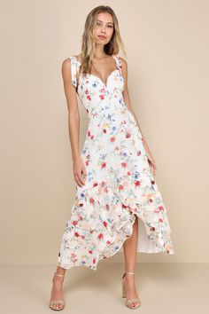 Cute Dresses Long Casual, Floral Bridal Shower Dress, White Floral Dress Outfit, Knee Length Dresses Casual, Midi Dress Floral, High Low Midi Dress, Casual Formal Dresses, Junior Prom, Tea Party Dress