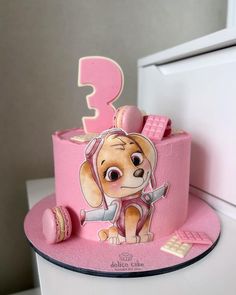 a pink birthday cake with a cartoon dog on the front and number one on the back