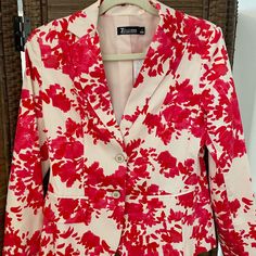 Nwt, 7th Avenue Suiting Collection Light Cream And Magenta Pink Floral Jacket, Fully Lined. Beautiful Detailing With Metal Buttons And Ribbon Detail Over The 2 Pockets. Shell Is 97% Cotton, 3% Spandex, Lining 100% Polyester. Pink Long Sleeve Blazer With Floral Print, Pink Formal Outerwear For Spring, Tailored Pink Outerwear For Spring, Red Cotton Blazer For Spring, Fitted Pink Blazer For Spring, Pink Cotton Blazer For Fall, Pink Long Sleeve Blazer For Spring, Magenta Suit, Spring Blazer