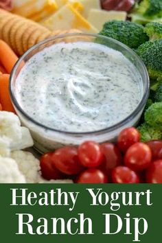 healthy yogurt ranch dip with broccoli, cauliflower and carrots