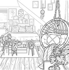 a drawing of a living room filled with furniture and flowers in vases on the table