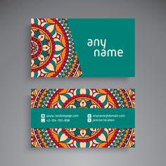 a business card with an ornate design on the front and back, in green and orange colors