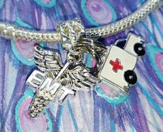 Ambulance, EMT, charms, EMT charm, fit Pandora, style charm bracelets, European charm bracelets Sterling Silver Charms With Removable Snake Chain, Sterling Silver Charms On Snake Chain, Silver Snake Chain Charms With Lobster Clasp, Silver Charms With Dangling Snake Chain, Silver Dangling Charms On Snake Chain, Silver Snake Chain With Dangling Charms, Pandora Style, Ambulance, Pink Ribbon